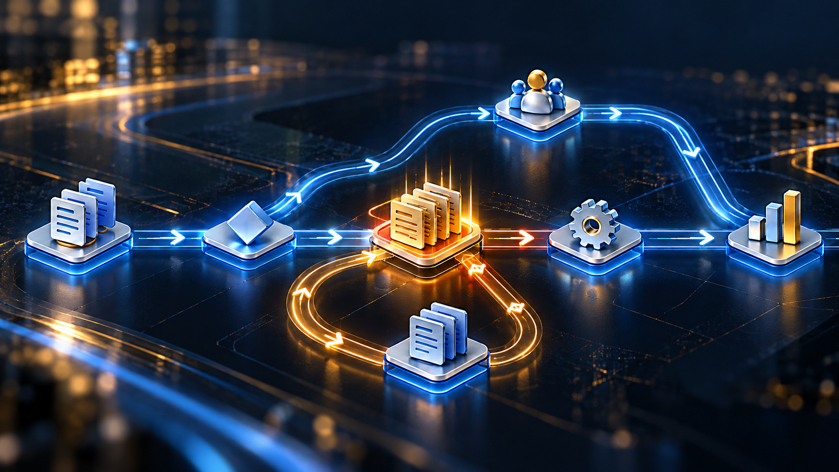 Business workflow showing document loops, handoffs, people, and reporting