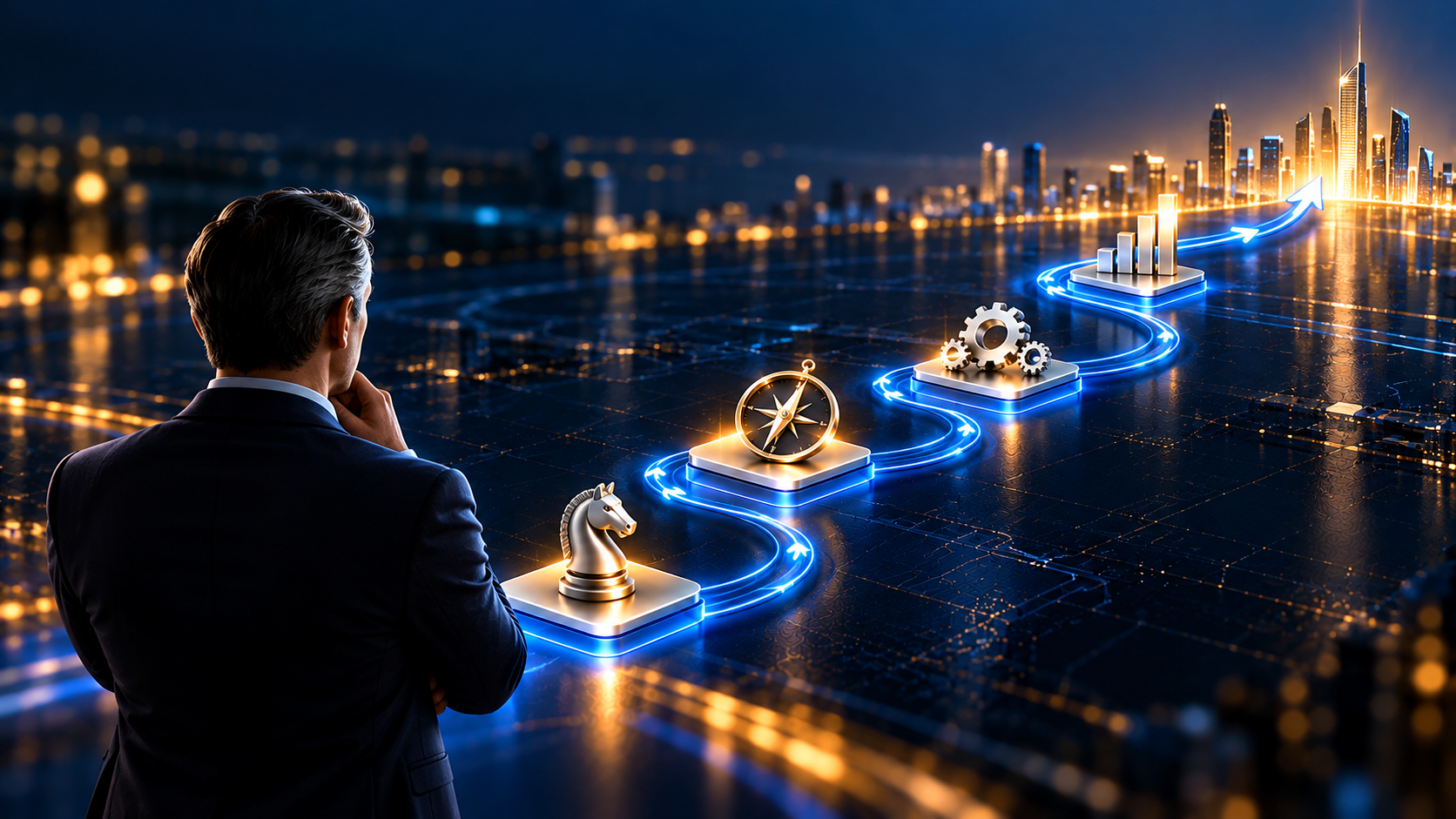 An executive considering a path connecting strategy, direction, operations, and growth