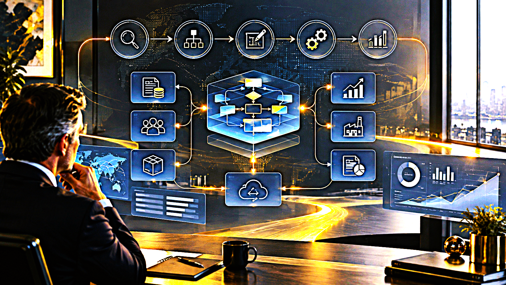 Business process design connecting workflows, financial information, people, and operations