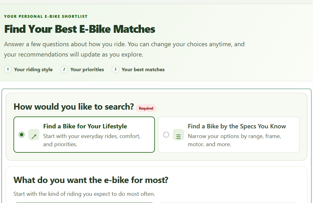 Right E-Bikes Advisor interface showing guided product discovery